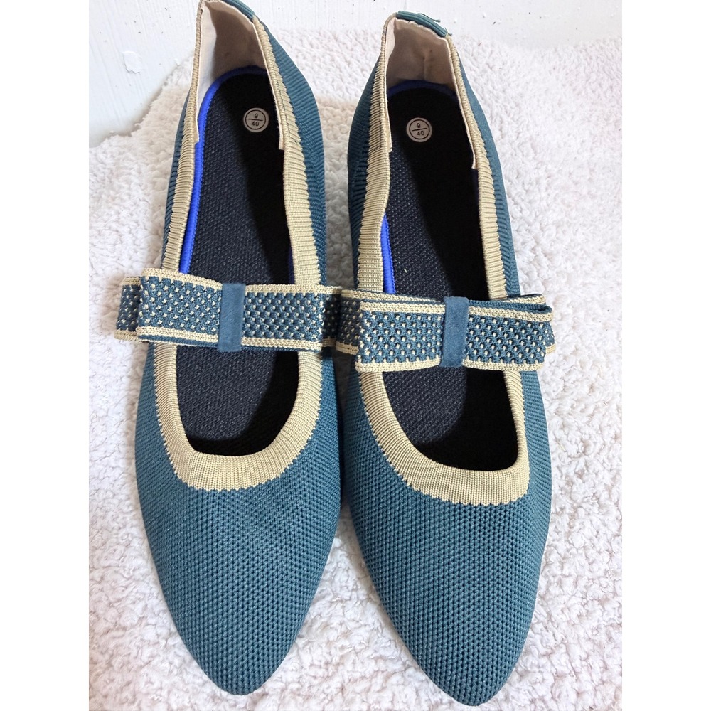 Mary Jane Knit Flats Womens 9 Teal Blue Bow Pointed Toe Preppy Chic Classic